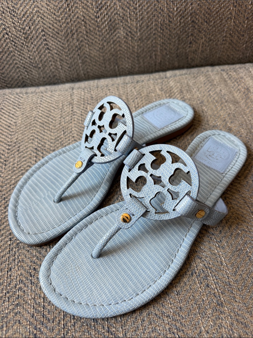 Tory Burch Miller Baby Blue Lizard Embossed Leather Slide Sandals Size: 8M